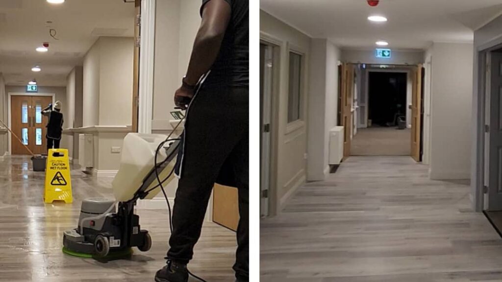 Professional cleaners sanitizing an office desk in Wigan, Liverpool, Manchester, showcasing eco-friendly office cleaning services