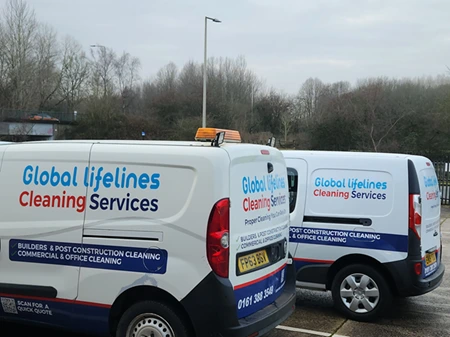 Global Lifelines Cleaning Services vans on site in Manchester and the North West